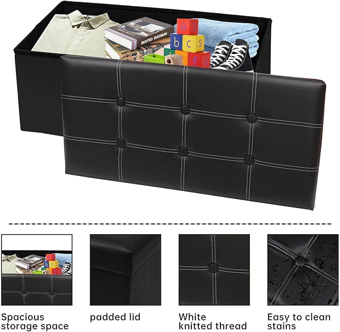 30 Inches Folding Storage Ottoman Bench, Faux Leather Footrest Ottoman, Storage Trunk Footstool for Bedroom, Living Room and Hallway, Support 350lbs, Black (White line)