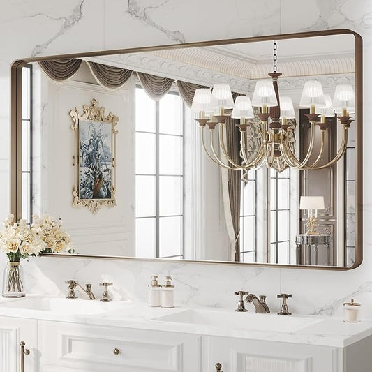 WEER 60x30 Inch Bronze Bathroom Mirror for Vanity, Brushed Bronze Metal Frame Rounded Rectangle Mirror with Tempered Glass, Anti-Rust (Horizontal/Vertical)