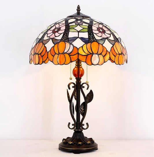 Tiffany Table Lamp Yellow Flower Stained Glass Desk Reading Light 16X16X24 Inch Metal Leaf Base for Bedroom Living Room Home Office