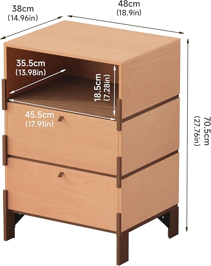27.8" H End Table, Easy Assembly Bedside Table with 2 Drawers & Open Storage, Wood Night Stand, Side Table, End Table for Bedroom, Dormitory, Beech Color