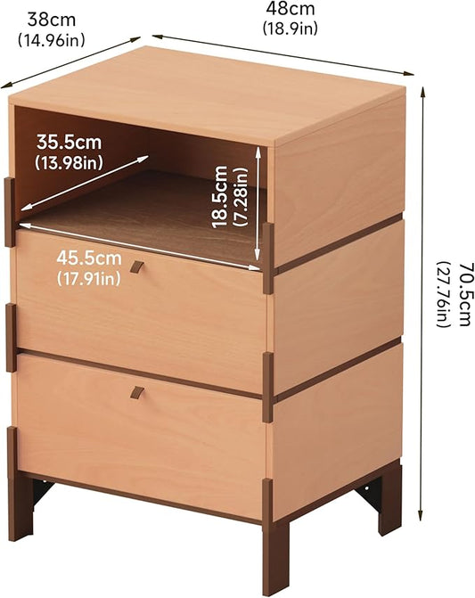 27.8" H End Table, Easy Assembly Bedside Table with 2 Drawers & Open Storage, Wood Night Stand, Side Table, End Table for Bedroom, Dormitory, Beech Color