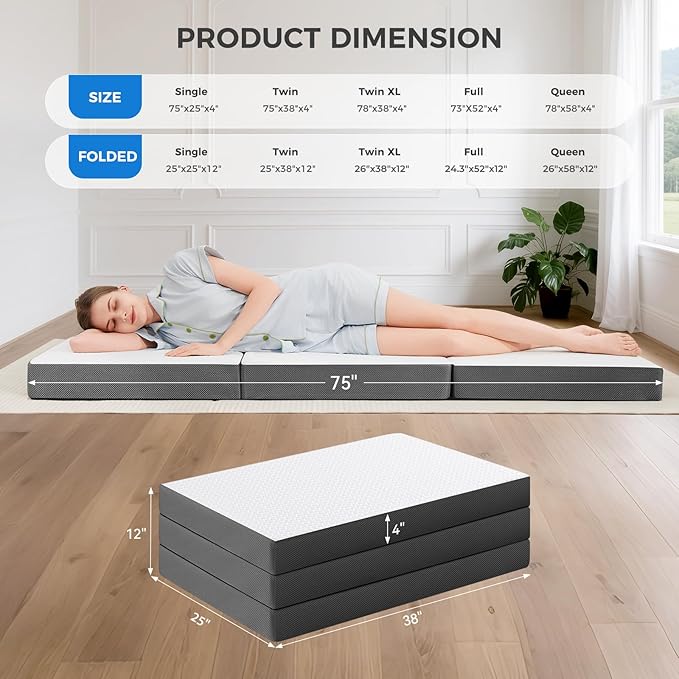 MASVIS Trifold Mattress, 4 Inch Memory Foam Foldable Mattress with Washable Cover, Tri-Folding Floor Bed for Camping, Twin