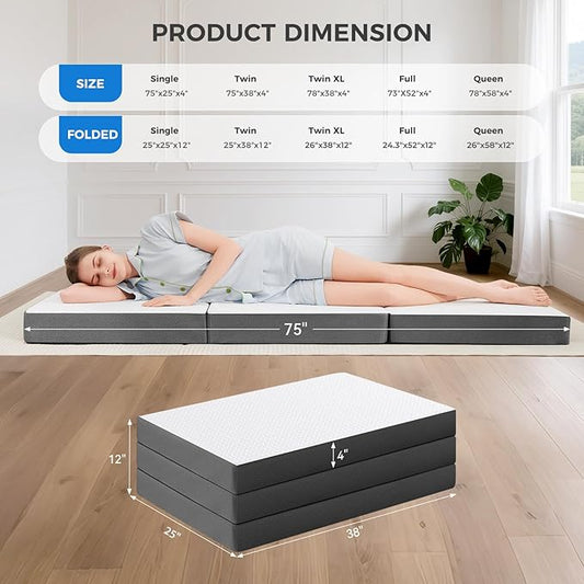 MASVIS Trifold Mattress, 4 Inch Memory Foam Foldable Mattress with Washable Cover, Tri-Folding Floor Bed for Camping, Twin