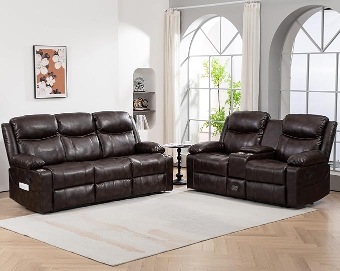 Recliner Sofa Set - Reclining Sofa Couch Set, 2 Pieces Recliner Furniture Sofa Set, 3-Seater Reclining Sofa & 2-Seater Reclining Loveseat with Massage & Heat for Living Room (Brown) | Cup Holder, Side pocket, Storage, Console
