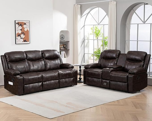 Recliner Sofa Set - Reclining Sofa Couch Set, 2 Pieces Recliner Furniture Sofa Set, 3-Seater Reclining Sofa & 2-Seater Reclining Loveseat with Massage & Heat for Living Room (Brown) | Cup Holder, Side pocket, Storage, Console