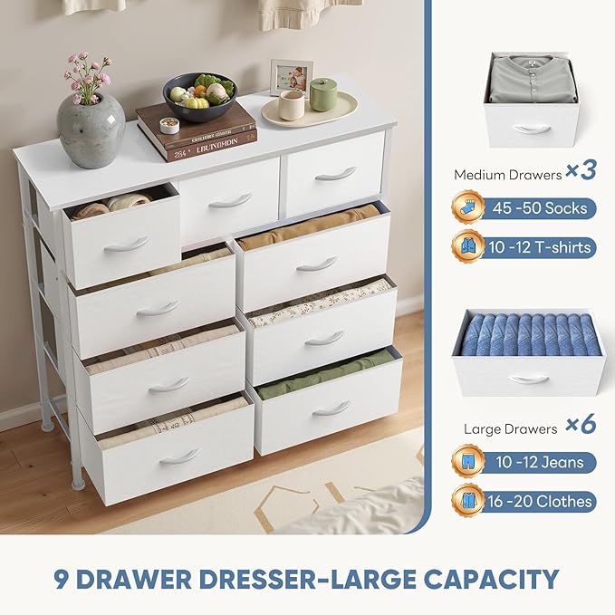 DUMOS 9 Drawer Dresser for Bedroom, Fabric Storage Organizer with Sturdy Metal Frame, Wooden Top Chest of Drawers for Closet Entryway Guest Room,White