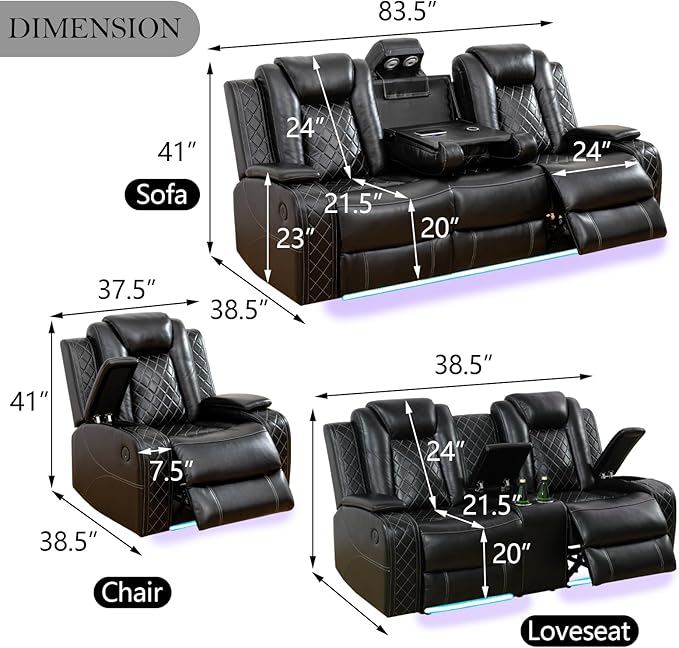 Power Recliner Sofa Set for Living Room, Leather Reclining Sofa Sets with Storage Console, Living Room Furniture Sets with LED Lights(Loveseat,Black)