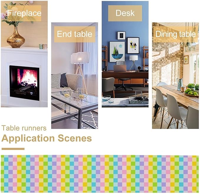 Boho Hippie Table Runner Rainbow Geometric Square Table Runner Retro Country Dinner Runner for Living Room Kitchen Party Holiday Dinner Home Decor Yellow Pink Blue 13x36in