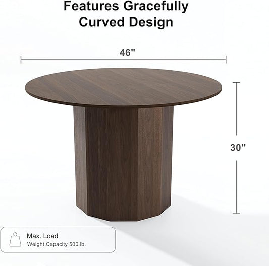 Casaphoria 46" Round Dining Table, Modern Wood Kitchen Table with Cylinder Polygonal Base for Living Room & Dining Room, Easy Assembly Farmhouse Furniture for 4-6, Walnut
