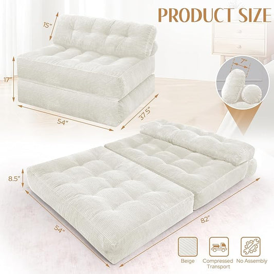 HABUTWAY Folding Sofa Bed, Foldable Floor Sofa Lounge w/Dual-Pillow & Handle, Convertible Sleeper Chair Bed w/Back Support for Living Room, Bedroom, Apartment, Office, Beige, Full
