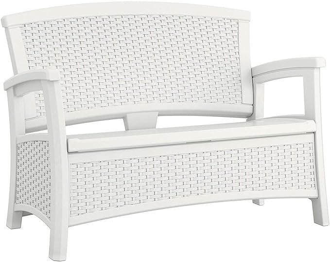 Suncast Elements Stylish Lightweight Loveseat Outdoor Seating with Convenient Built In Universal Storage, and All Weather resin, White