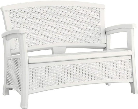 Suncast Elements Stylish Lightweight Loveseat Outdoor Seating with Convenient Built In Universal Storage, and All Weather resin, White