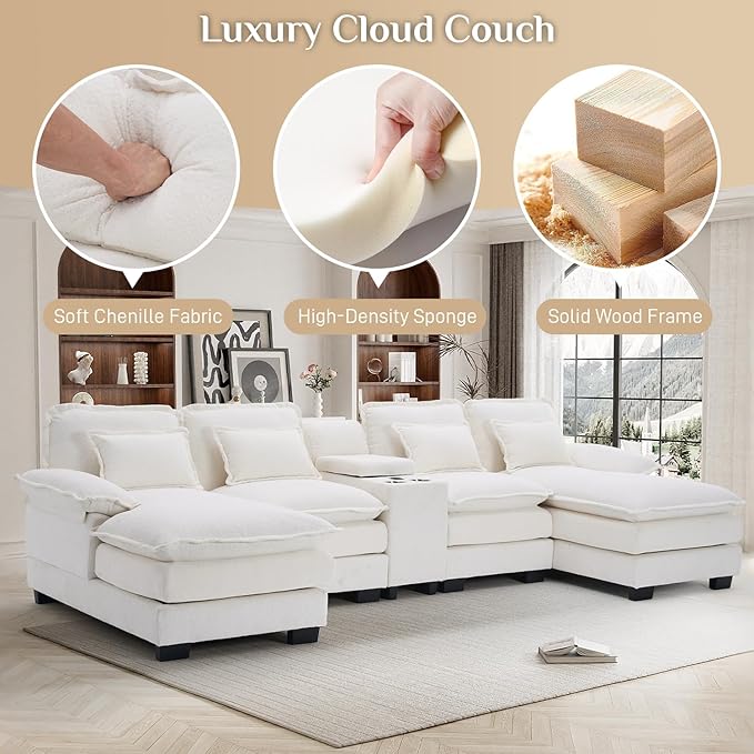 133" Oversized U Shaped Cloud Couch Modular Sectional Couches for Living Room Comfy Chenille Deep Seat Sofa Set with Double Chaise Lounge, Storage Central Console, Cup Holders, USB Port, Beige