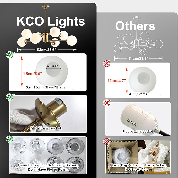KCO Lighting 8-Light Glass Sputnik Chandelier Light Modern Gold Chandeliers Pendant Light Fixture Vintage Globe Ball Ceiling Flush Mount Light Fixture Kitchen Island