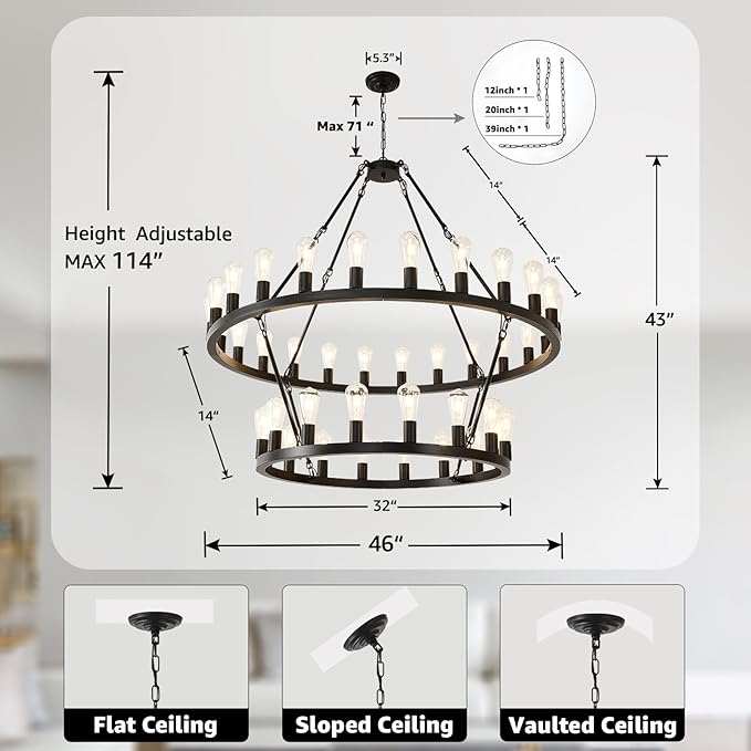 NILSE 2-Tier 48" Black Wagon Wheel Chandelier, 40-Light Extra Large Chandeliers for High Ceilings, Rustic Farmhouse Light Fixture for Living Room Stairs Foyer Entryway, E26