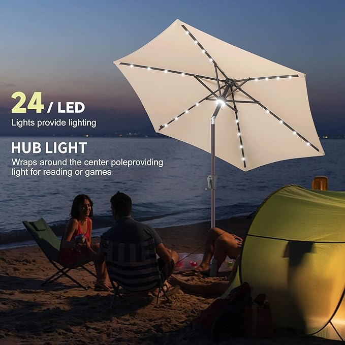 7.5ft Solar Umbrella Outdoor - Lighted Solar Patio Umbrella with 24 LED Lights Waterprool UV Protection, Table Umbrella with Tilt for Pool, Porch, Garden, Deck, Backyard (Beige)