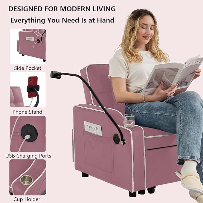 Convertible Sofa Bed, 3 in 1 Futon Sofa Bed with USB Charging Ports, Cup Holder, Phone Stand & Pocket, Modern Upholstered Sleeper Sofa for Living Room, Apartment or Small Space (Pink)