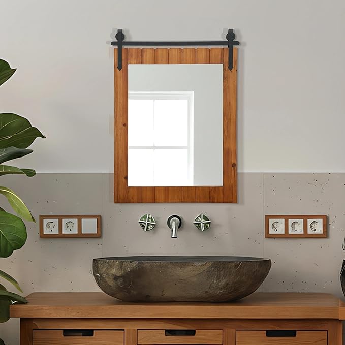 Besdomus Bathroom Rustic Wall Mirror: 22"x30" Brown Barn Door Solid Cedar Wood Frame Vanity Mirror - Wall Mounted Mirror for Hallway/Living Room/Bathroom - Farmhouse Decor for Fashion-Conscious