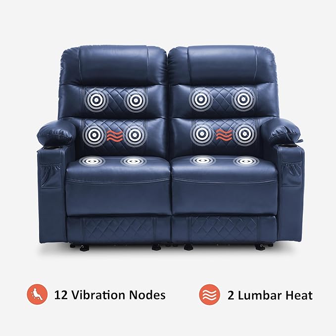 MCombo 56.3" Zero Gravity Power Loveseat Recliner with Heat and Vibration Massage, Reclining Loveseat Sofa with USB Ports, Cup Holders for Living Room, Faux Leather PR622Sets (Navy Blue)