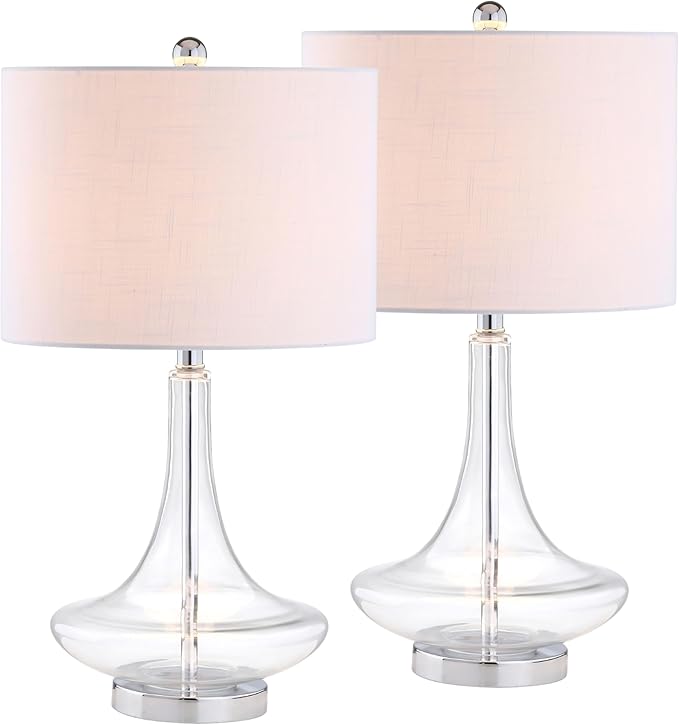 JONATHAN Y 25.5" Clear/Chrome Glass Teardrop Table Lamp Set of 2 for Bedroom, Modern Bedside Lamps for Living Room, White Linen Drum Shade, LED Bulbs Included (JYL1081C-SET2)