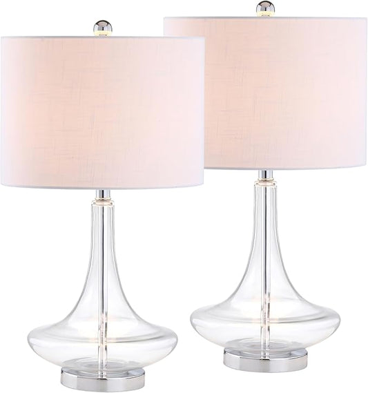 JONATHAN Y 25.5" Clear/Chrome Glass Teardrop Table Lamp Set of 2 for Bedroom, Modern Bedside Lamps for Living Room, White Linen Drum Shade, LED Bulbs Included (JYL1081C-SET2)
