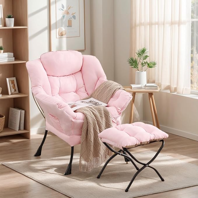 Lazy Chair with Ottoman, Large Pink Accent Chair with Ottoman, Comfy Reading Armchair, Leisure Sofa Chair for Living Room, Bedroom, Dorm Room, Office