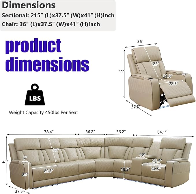A Ainehome Reclining Sectional Sofa Set with USB Chargers, Leather Living Room Set, L Shaped Recliner Couch with 4 Recliner Seats/Storage Console for Living Room/Office/Home Theather(C-Beige)