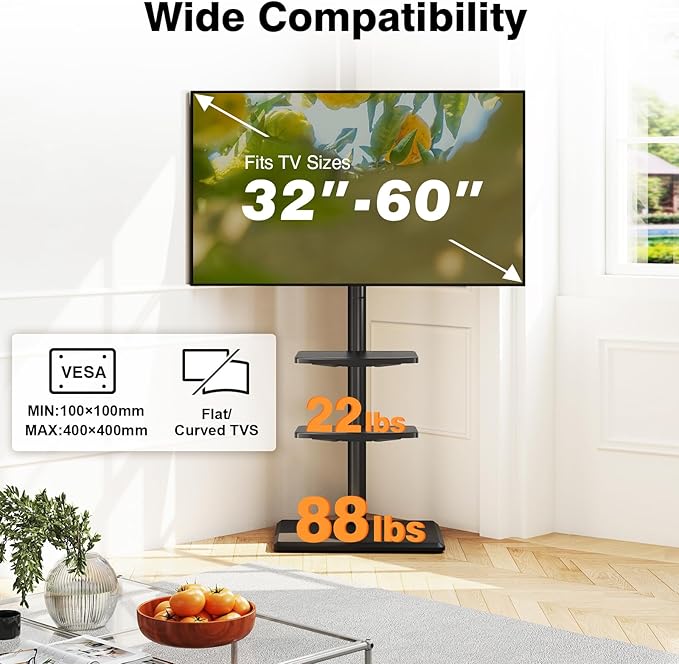 TVON Floor TV Stand with Mount for Most 32-60 Inch Flat/Curved TVs up to 88 lbs, Height Adjustable TV Mount Stand with Wood Base, Swivel TV Stand for Bedroom, Corner & Living Room, Max VESA 400x400mm