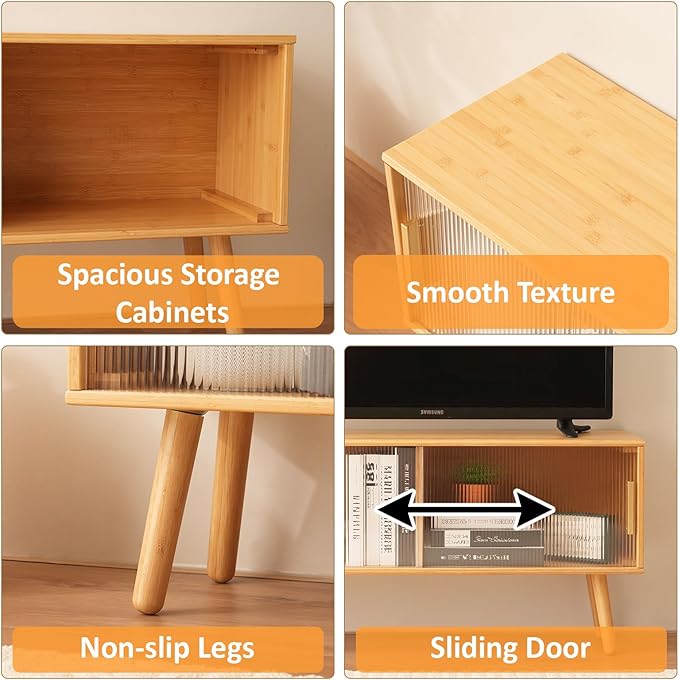 Bamboo TV Stand for TVs up to 50 Inches, Entertainment Center with 2 Sliding Acrylic Doors for Gaming Console, Modern Accent TV Console Cabinet for Living Room Bedroom (39.4)