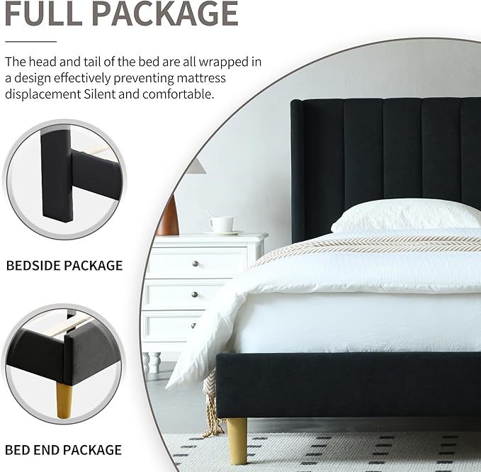 YUHUASHI upholstered Platform Bed Frame/Full Bed Frame/Modern Geometric Double-Wing Design headboard/Linen Fabric/Easy to Assemble no Noise (Black, Full)