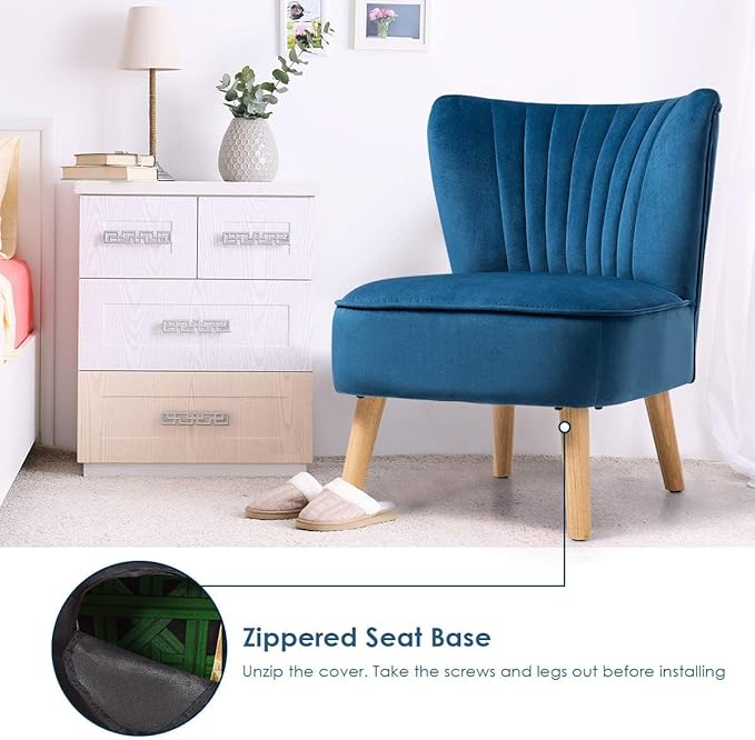 LUARANE Armless Velvet Accent Chair, Modern Leisure Chair with Curved Backrest Thick Sponge Cushion Wood Legs, Small Upholstered Wingback Sofa Chair for Bedroom Living Room (1, Blue)