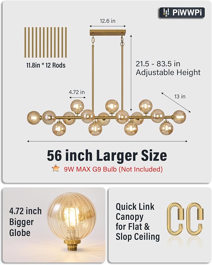 55" Long Brass Gold Chandeliers for Dining Room Kitchen Island, Large Globe Sputnik Linear Chandelier, 16 Lights Mid Century Modern Light Fixture Over Table, Amber Bubble, GC-08