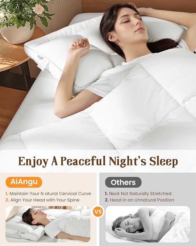 Goose Down Pillow Standard Size Set of 2, Cervical Support for Neck Pain Relief, 1050+ Fill Power, 600 Thread Count Cotton Shell, for Side, Back, and Stomach Sleepers(White,Standard(Pack of 2))