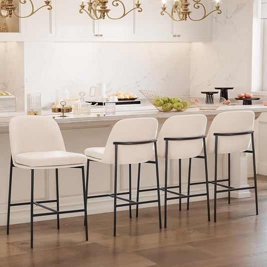 Bar Stools Set of 4, Modern Upholstered Counter Height Bar Chairs with Cushioned Seat and Curved Back, Fabric Kitchen Island Stools with Sturdy Metal Legs for Dining Room Island Bar, Beige