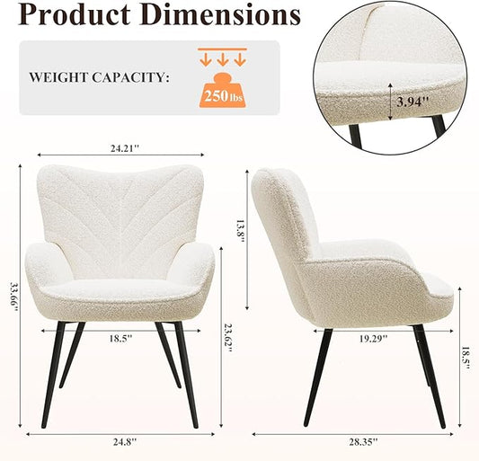 Mid-Century Modern Beige Sherpa Accent Chair, Upholstered Armchair for Living Room/Bedroom/Reading Corner, Curved Back & Padded Seat, High-Density Cushion, Metal Legs, Soft Cozy Fabric