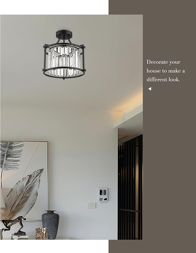 Crystal Flush Mount Ceiling Light, 1-Light Black Ceiling Light, Modern Flush Mount Chandelier for Bedroom Kitchen Laundry Entryway, CL4832-1W-BK