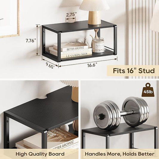 Floating Nightstand, Wood Bedside Shelf Wall Mounted Nightstand with Heavy-Duty Frame, Floating Bedside Table for Bedroom, Bathroom, Kitchen, (Vintage Black, 1 Pack)