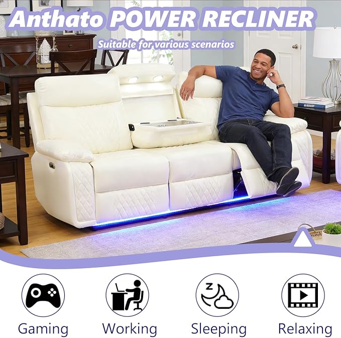 Power Recliner Sofa Couch with LED, Breathing Leather Reclining Couch, Living Room Furniture Sets, Recliner Furniture with Cup Holders/Charging for Home Theater/Office, Cream White(3 Seater)