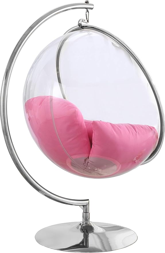 Meridian Furniture 507Pink Luna Collection Modern | Contemporary Clear Acrylic Accent Swing Chair with Durable Metal Base and Fabric Seat, Pink, Chrome Finish, 41.5" W x 29.5" D x 64" H