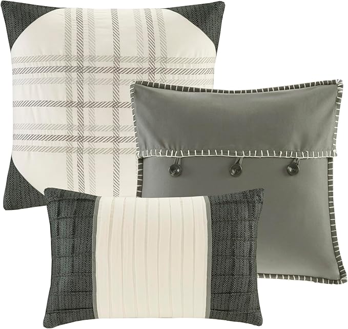 Madison Park Ridge Comforter Set - Cabin Lodge Plaid Herringbone Design, All Season Down Alternative Cozy Bedding with Matching Bedskirt, Shams, Decorative Pillow, Grey Queen(90"x90") 7 Piece
