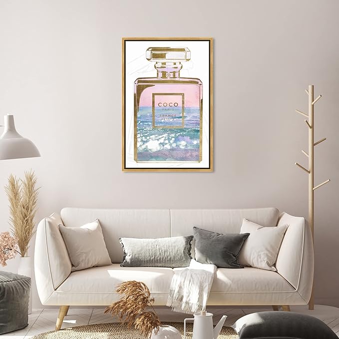 The Oliver Gal Artist Co. Fashion and Glam Wall Art Framed Canvas Prints Blush Ocean Spray Perfume Home Décor, 20" x 30", Gold Floater