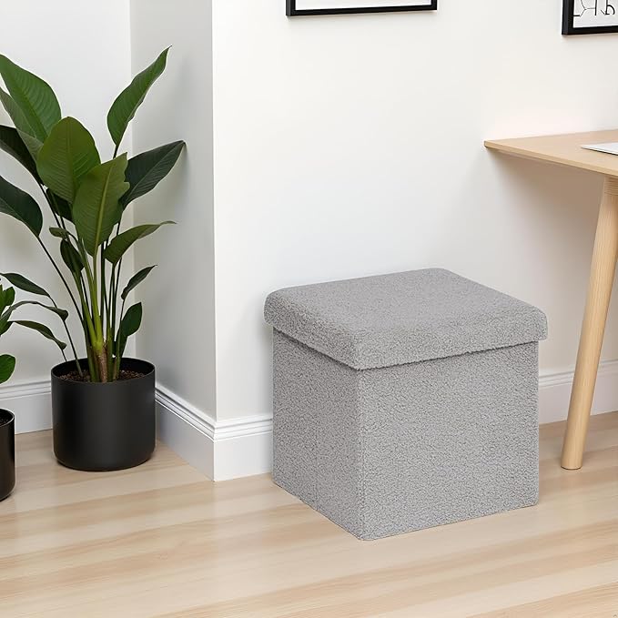 15 Inches Small Storage Ottoman - Square Ottoman with Sherpa Top,Storage Bench for Bedroom 15" D x 15" W x 15" H-Grey