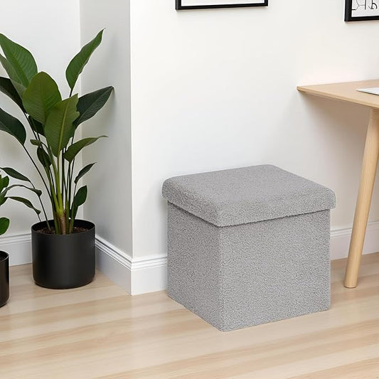 15 Inches Small Storage Ottoman - Square Ottoman with Sherpa Top,Storage Bench for Bedroom 15" D x 15" W x 15" H-Grey