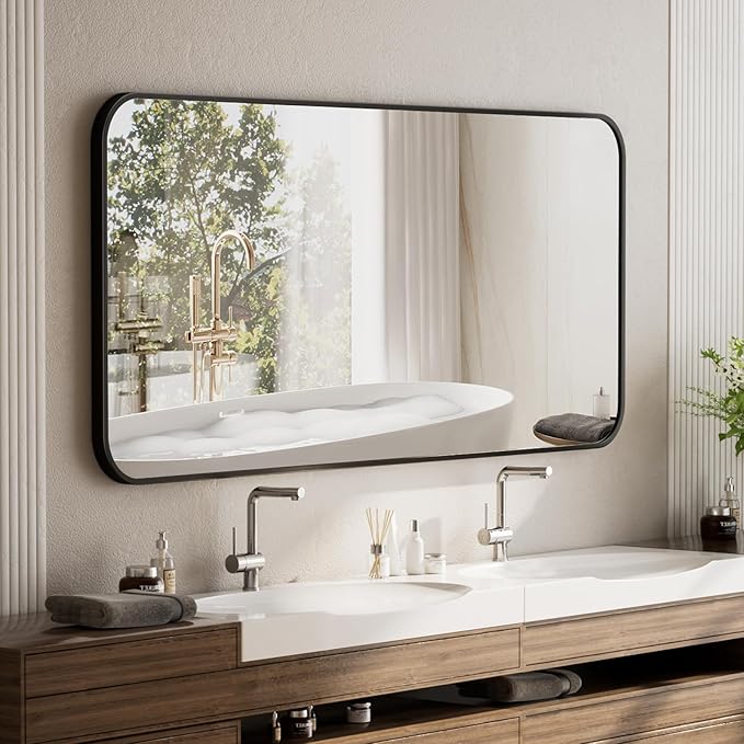 BEAUTYPEAK 30" x 40" Black Metal Frame Rectangle Vanity Mirror with Rounded Corners, Wall Mounted Bathroom Mirror for Farmhouse, Restroom, Entryway, Horizontal or Vertical Hanging
