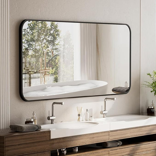 BEAUTYPEAK 30" x 40" Black Metal Frame Rectangle Vanity Mirror with Rounded Corners, Wall Mounted Bathroom Mirror for Farmhouse, Restroom, Entryway, Horizontal or Vertical Hanging