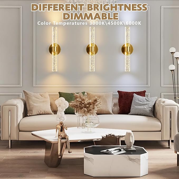 Gold Battery Operated Wall Sconce, 13000mAh Rechargeable Wall Light with Remote Control, 15 Color Dimmable Wireless Wall Lamp for Bedroom Living Room Hallway Party Decor, Crystal Wall Sconce