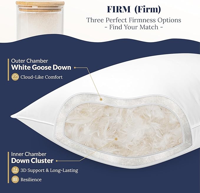 White Goose Down Pillow Luxury Hotel Bed Pillow with Natural 800+Fill Power, Goose Down Fiber Pillow for Sleeping, 700TC Cotton Shell, Queen Size - Firm/More Support, 1 Pack