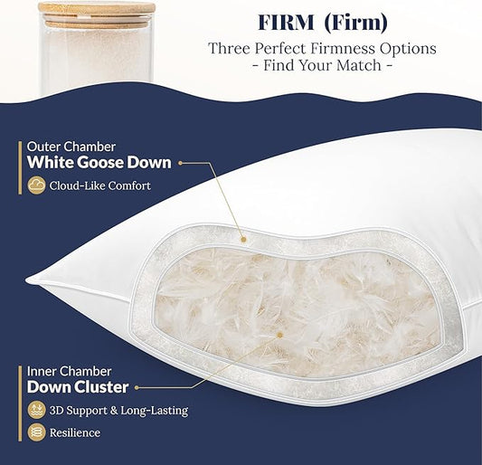 White Goose Down Pillow Luxury Hotel Bed Pillow with Natural 800+Fill Power, Goose Down Fiber Pillow for Sleeping, 700TC Cotton Shell, Queen Size - Firm/More Support, 1 Pack