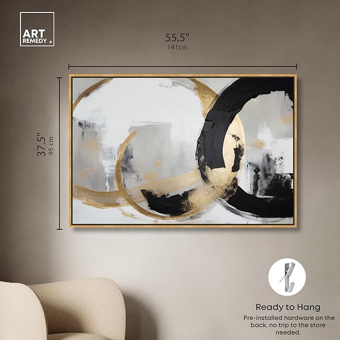 Art Remedy Another Dimension Canvas Modern Black White Abstract Wall Art, Gold Frame, 54" x 36"