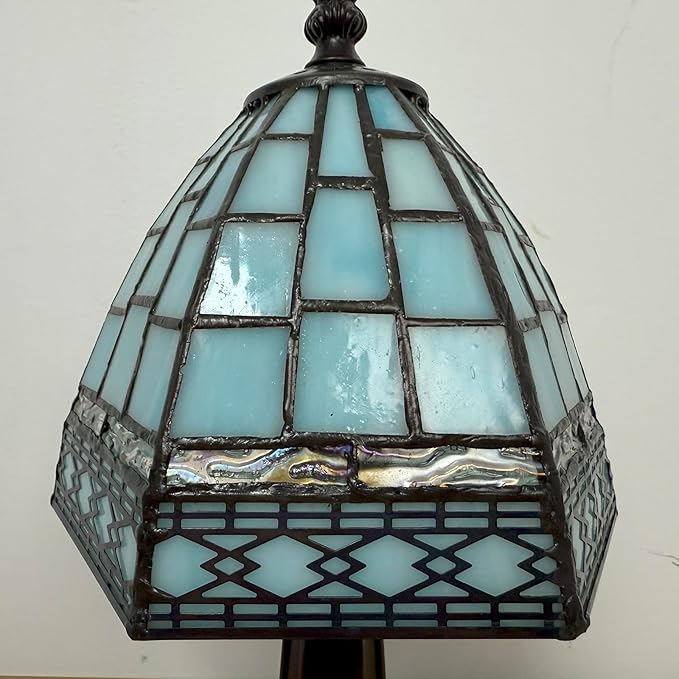 Small Tiffany Style Table Lamp,3 Color Temperature Grid Blue Stained Glass Table Lamps,Bedside Nightstand Night Light for Bedroom,Living Room, Dining Room W/LED Bulb,6X6X13Inch